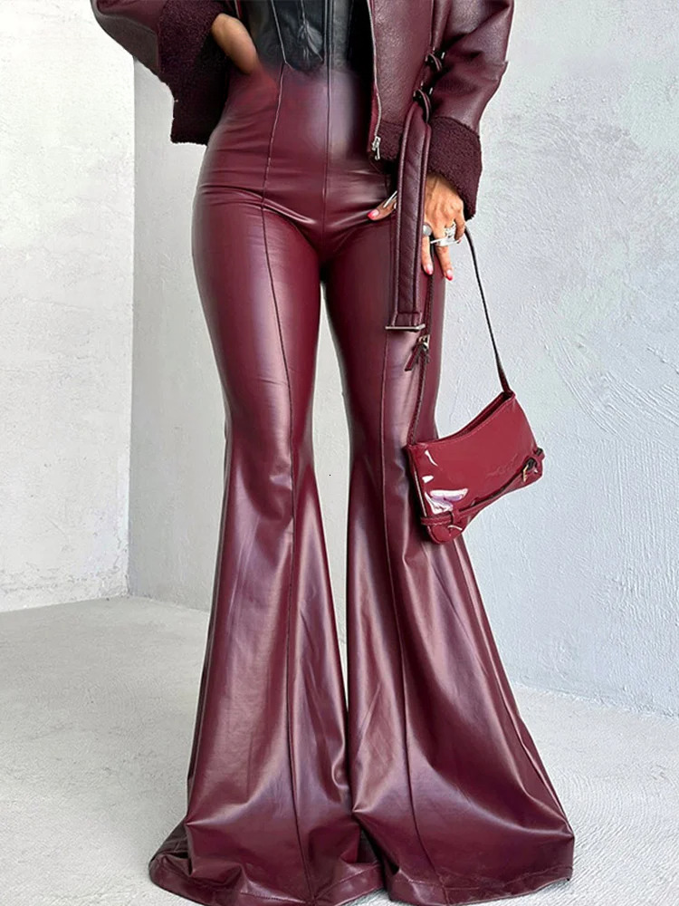 Women PU Leather Flare Leg Pants Fashion Elegant High Waist Elastic Slim Fit Zipper Trousers Autumn New Outwear Mujer