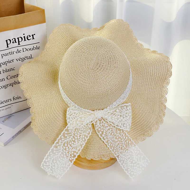 Korean version lace bow big brim str hat suitable for womens summer sun protection breathable beach C sweet sun hatXJ250304