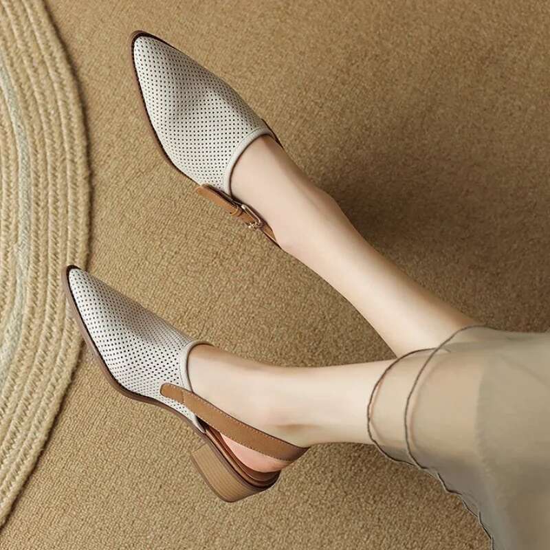 Breathable Knitted Mesh Hollow Out New Fashion Pointed Thick Heel Sandals Shoes for Women Sandalias2025