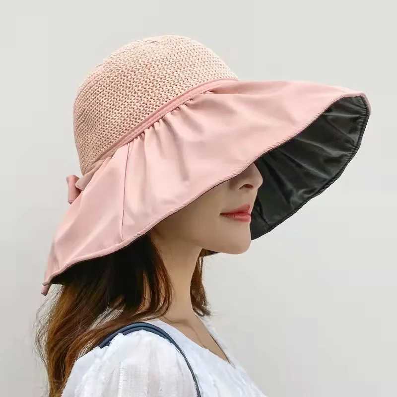 Metal Label Bow Knit Sun Hat Big Brim Breathable UV Protection Visor Cs For Women Men Summer Travel Sport Hiking Beach HatXJ250304