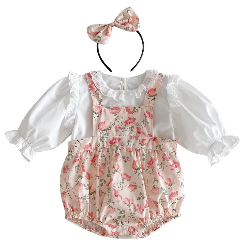 Spring and Autumn Baby Girls 2PCS Clothing Set Ruffled Cotton Shirt Flower Printed Shoulder Strap jumpsuit for Preschool Girls 250304