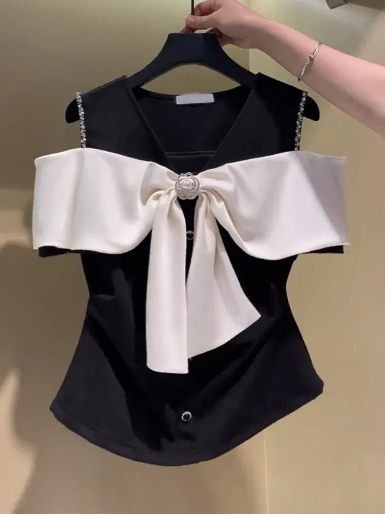 2025 Shirts for Women Contrast Color Bow Tshirt Fashion Diamond Y2K Tops T-shirts Ropa Mujer Korean Off Shoulder Summer Tees 250304