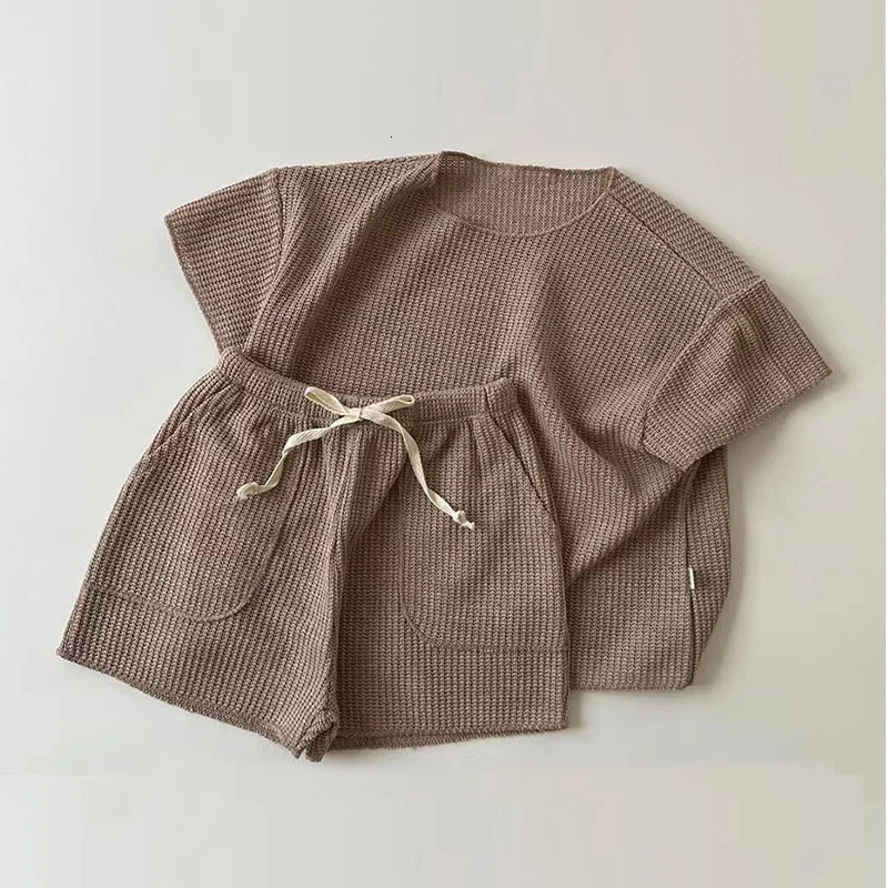 Two piece summer loose knit short sleeved home clothing solid color soft brushed lounge baby knit set 250304