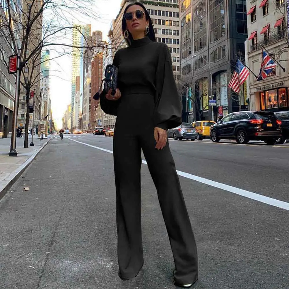 Wide Leg Pant Jumpsuit Women Fashion Stand Neck Lantern Sleeve Rompers Autumn Winter Casual High Waist Jumpsuits Black 250303