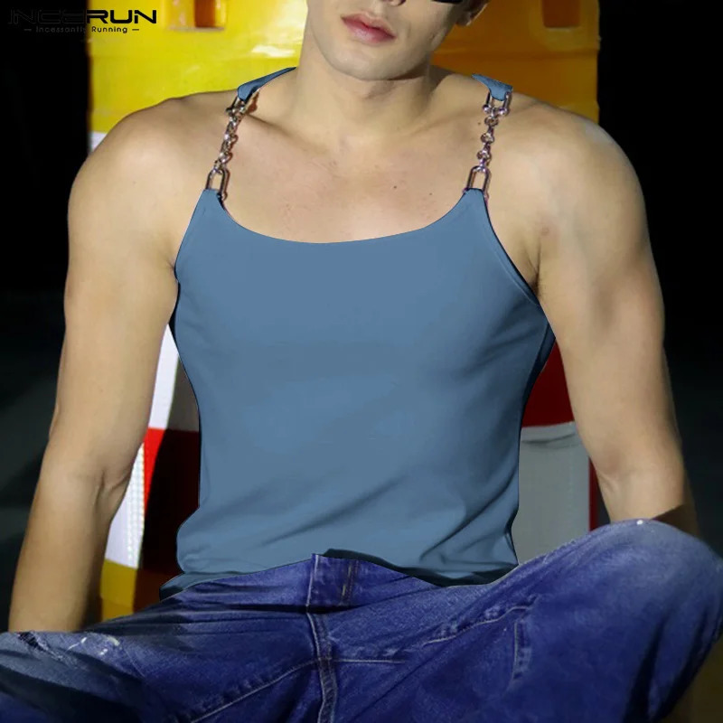 Sexy Stylish Style Tops INCERUN Mens Metal Chain Suspender Vests Fashion Casual Streetwear Sleeveless Solid Tank Tops S-5XL250222