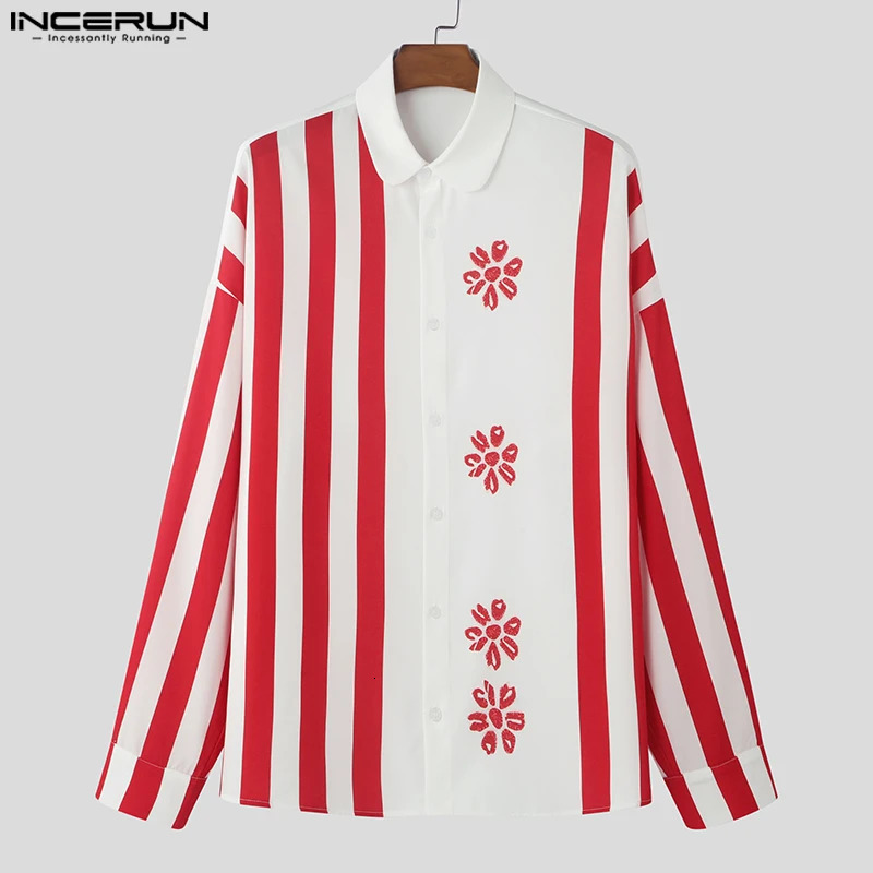 American Fashion Long Sleeve Shirts INCERUN Lapel Collar Floral Printing Stripe Splicing Tops Handsome Commuting Blouses 250227