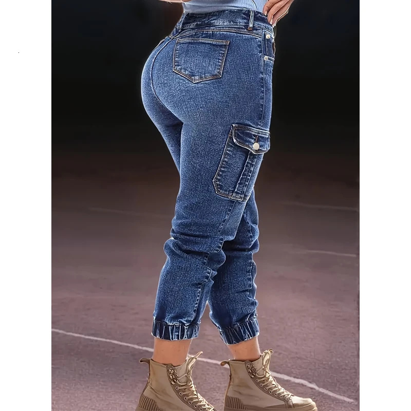 Womens Distressed Stretch Cropped Denim JeansFashionable Elastic Cuff MultiPocket Casual Cargo Pants Sporty Wear Jeans T16 250227