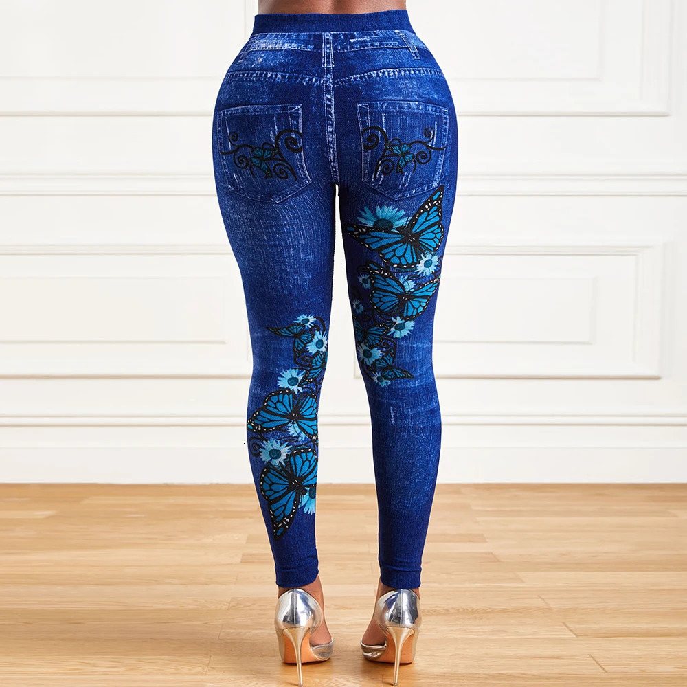 Plus Size Oversized Women High Waist Stretchy Legging Denim Look Skinny Jeggings Ladies Fashion Print Pencil Pants Clothing 2023 y250304