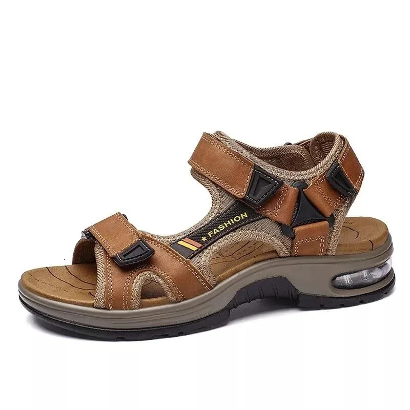 Summer Mens Sandals Genuine Leather Men Slippers Gladiator Men Beach Sandals Soft Comfortable Outdoors Wading Shoes 38- 250303