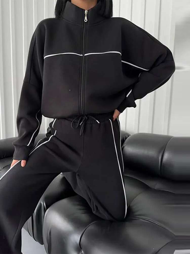 Sport Stripe Sweatshirt Two Piece Set Women White Turtleneck Long Sleeve Elastic Waist Pant Sets Female 2025 Spring Autumn
