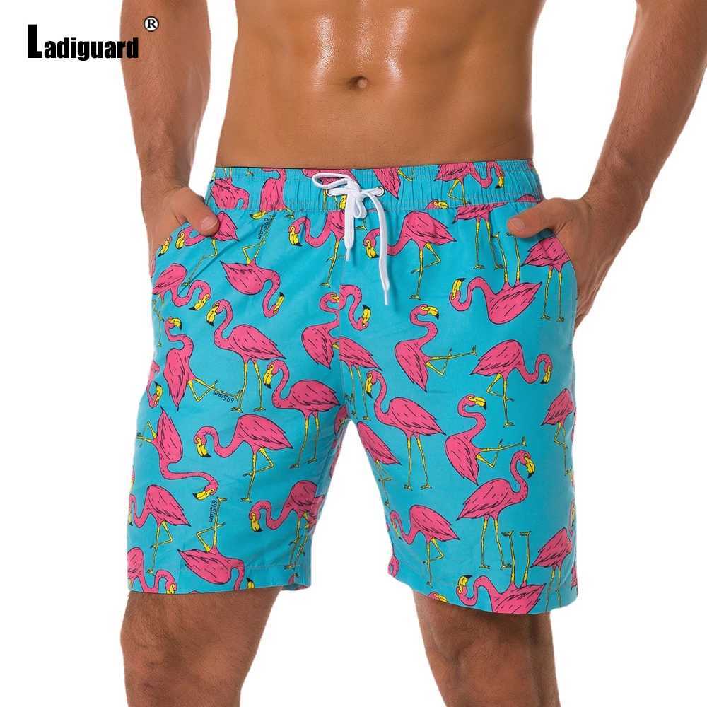 Ladiguard Plus size Men Leisure Flamingo Print Shorts 2022 Summer New Sexy Drawstring Shorts Male Casual Pocket Beach Half PantsT250304