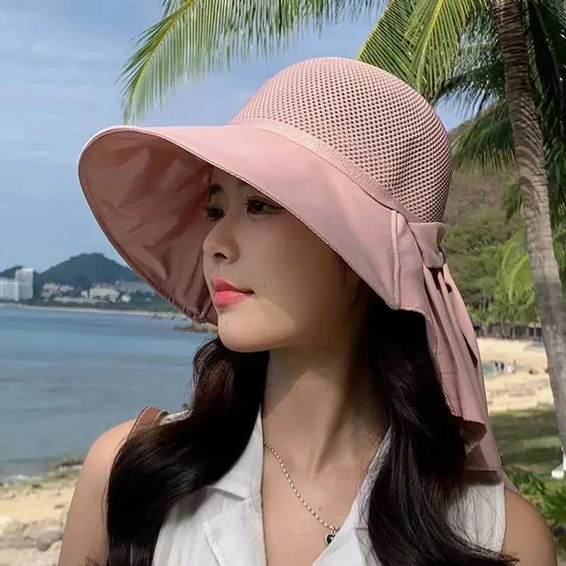 Women Hat Summer Bucket Hat With Shl Lightweight Breathable Mesh Face Neck Protection Sun Hat Bow Big Brim Travel Beach HatXJ250304