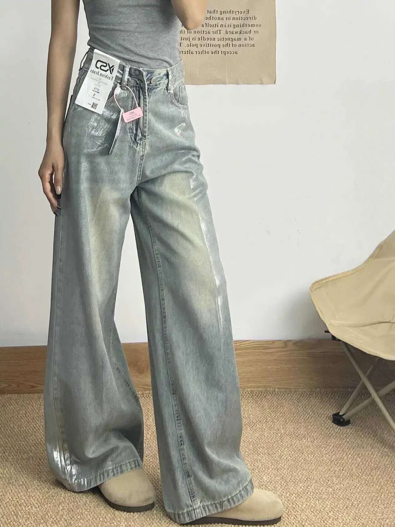 Grey Jeans Women 90S Vintage Personality High Waisted Straight Trouser Streetwear Casual Loose Girl Wide Leg Classic Denim Pants
