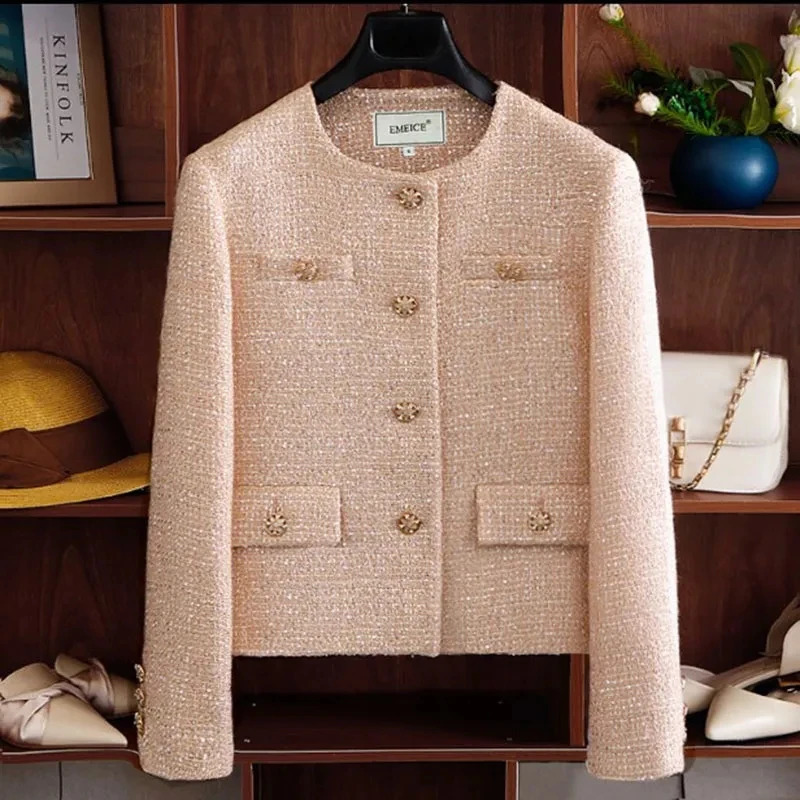 2023 Short TopGrade Tweed Jacket Women Autumn Korean Lady Coat Fashion Slim Long Sleeve Casual Female Outwear Tops 250225