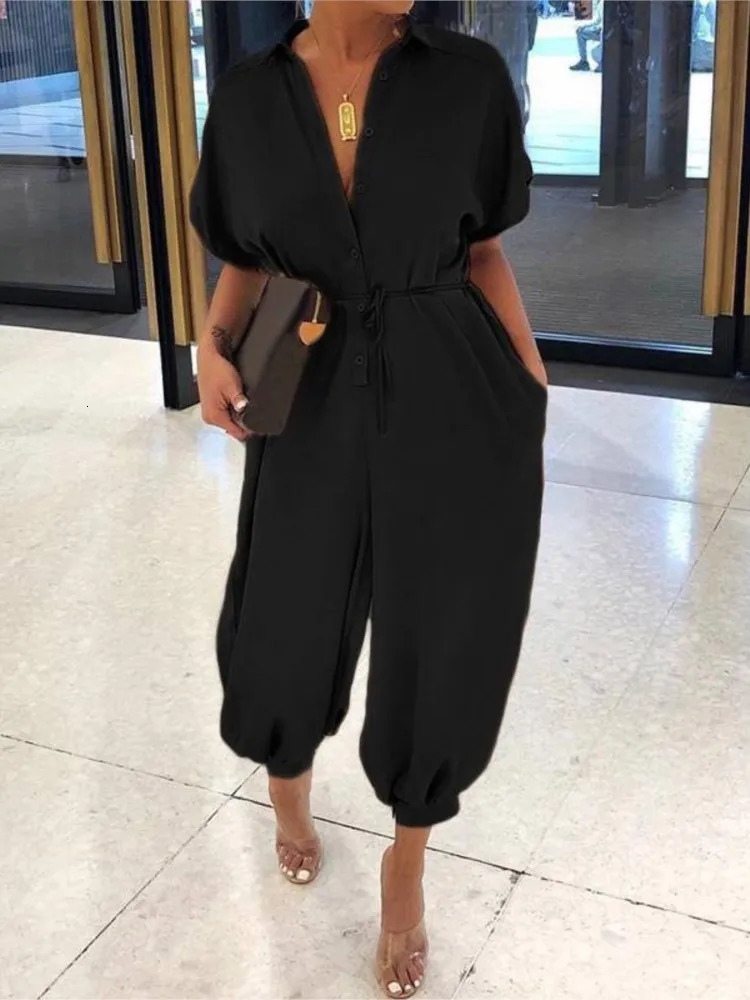 Summer Fashion VNeck Button LaceUp Jumpsuit Short Sleeve Loose Playsuit Overall Elegant Leopard Print Pocket Rompers 250303