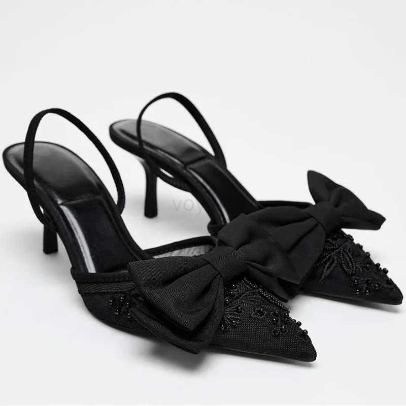 Brand Designer Thin High H Wen Bow String Bead Pointed Slingback Mes Pumps Mesh Embroider Elegant Dress Sandals Fem Z250304