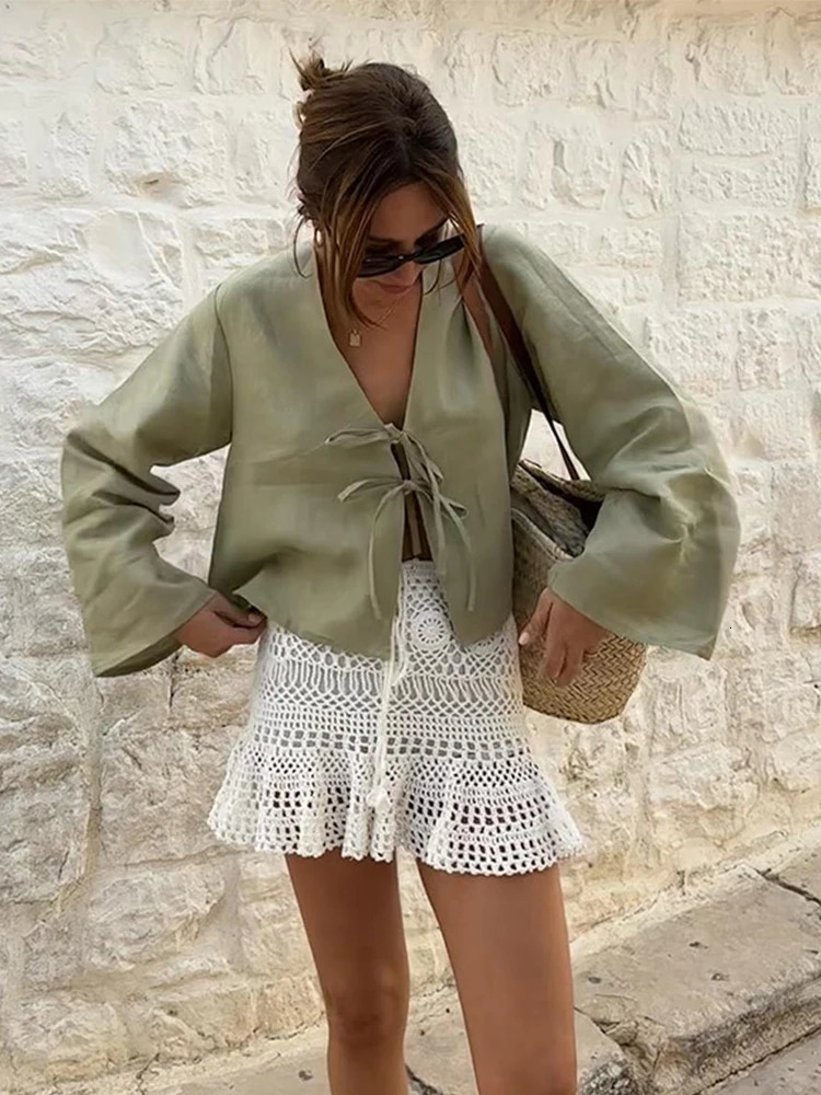 Cotton Linen Lace Up Bow Shirts Women Loose Hollow Out V Neck Long Sleeve Tops Female Spring Lady Streetwear Top 250228