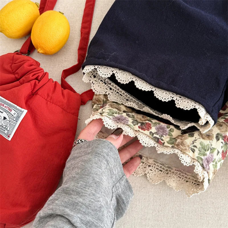young deer Spring Summer Baby Girls Printed Shorts Lace Korean Style Children Casual Knee Length Pants 250304