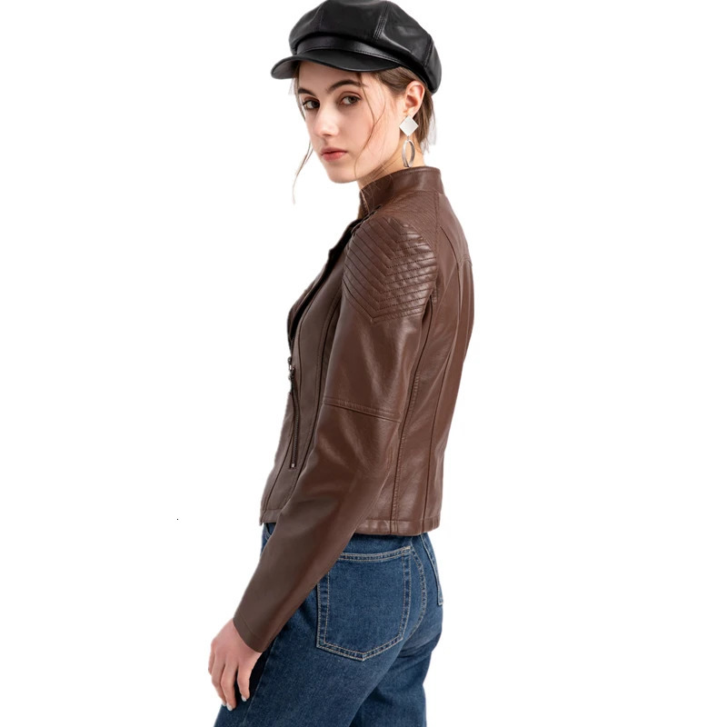 Brown short sleeved PU jacket for womens fashion motorcycle leather spring and summer styles Jaqueta 250226