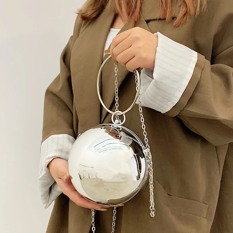 y Women Round Ball Evening Bag Fashion Smooth Bright Surface Clutch Ladies Crossbody Party Chain Handbag Purse 250303
