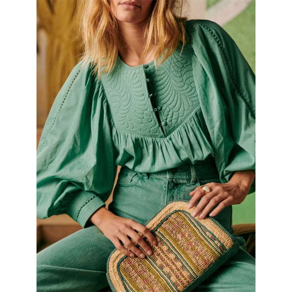 Autum 2025 New Women Lacce Trim Embroidery Hollow Out Blouse O-Neck Lantern Sleeve Ladies Half Buttons Sweet Elegant Shirt Top