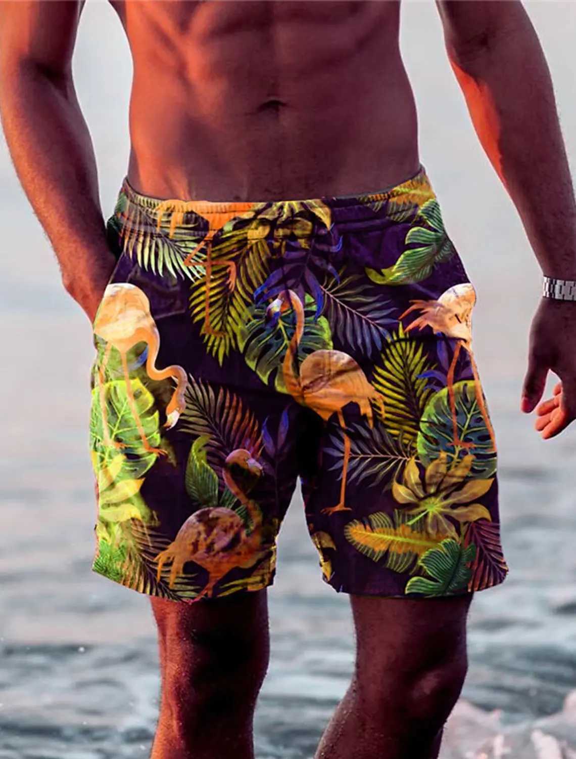 New Mens Shorts Swim Trunks Drawstring Leaf Flamingo Graphics Quick Dry Short Casual Holiday Hawaiian Micro-elasticT250304