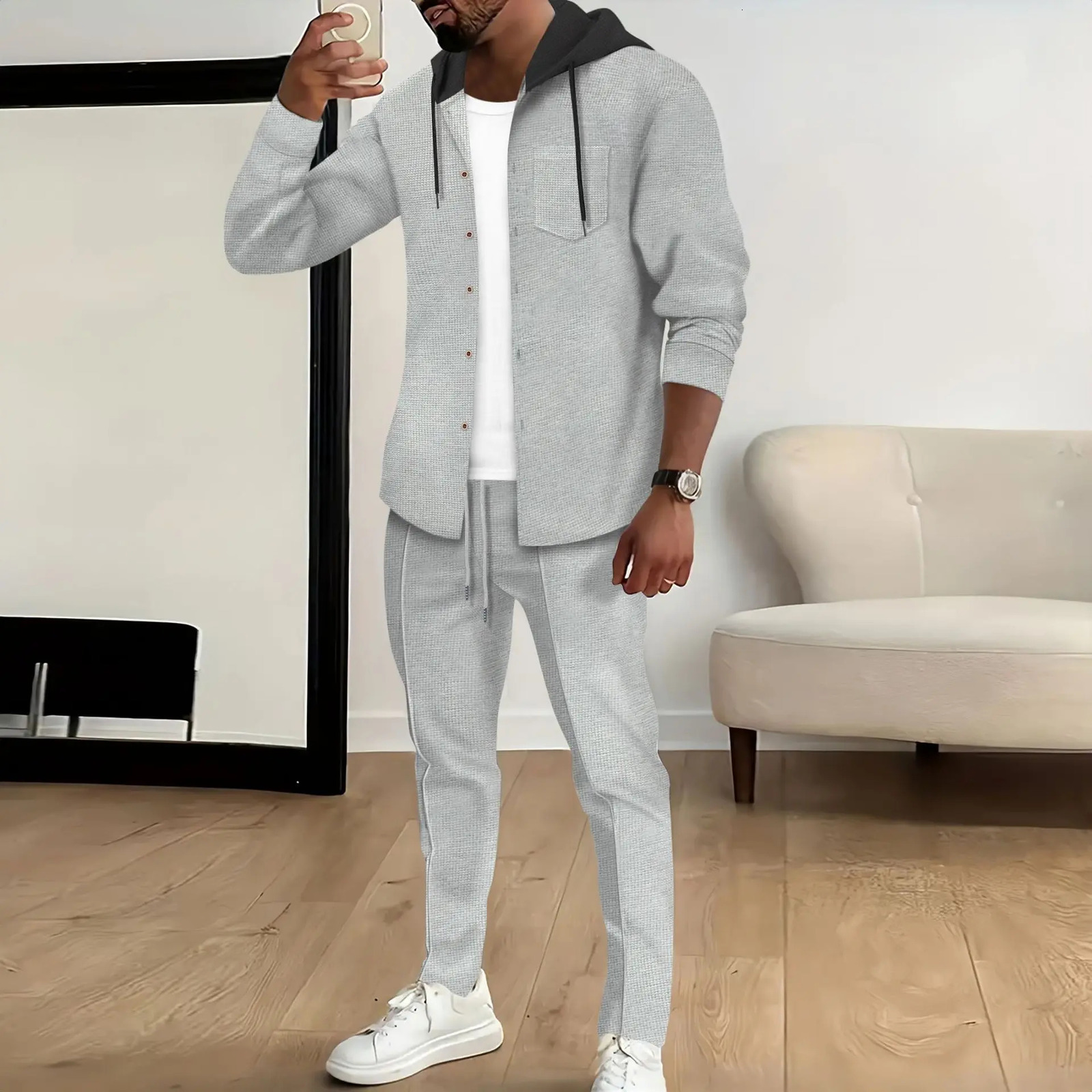 Spring and autumn Waffle mens casual slimfit hooded longsleeved cardigan matching color fashion high quality tracksuit pa 250227