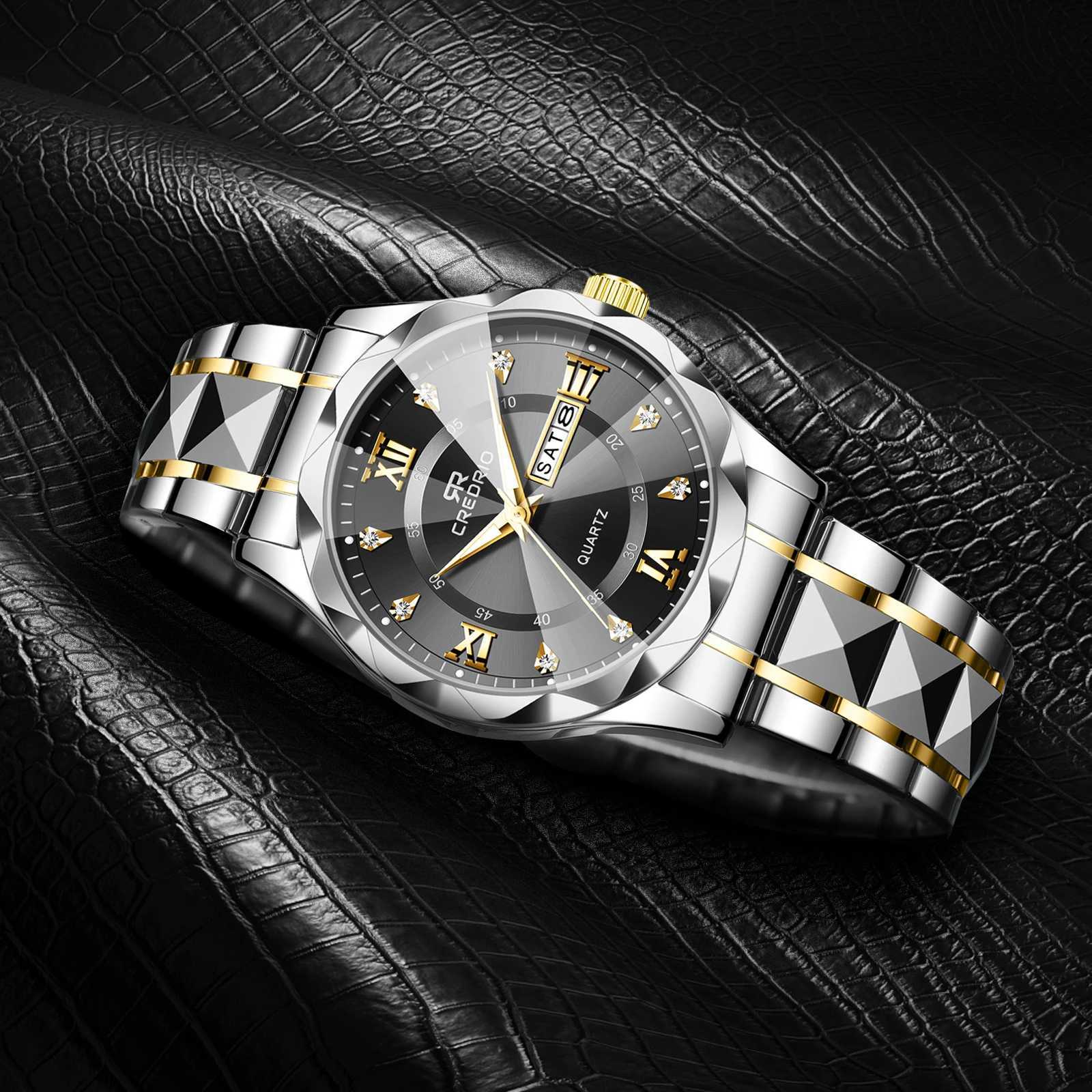 Mens Ice Rhinestone Luxury Luminous Waterproof Double Calendar Week Quartz Movement Stainl Steel Fashion BusinessXJ250304