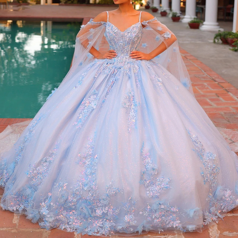Sky Blue Shiny Quinceanera Dresses Ball Gown Off Shoulder Applique Lace Beads Tull Corset Sweet 16 Dress Vestidos 15 De Anos
