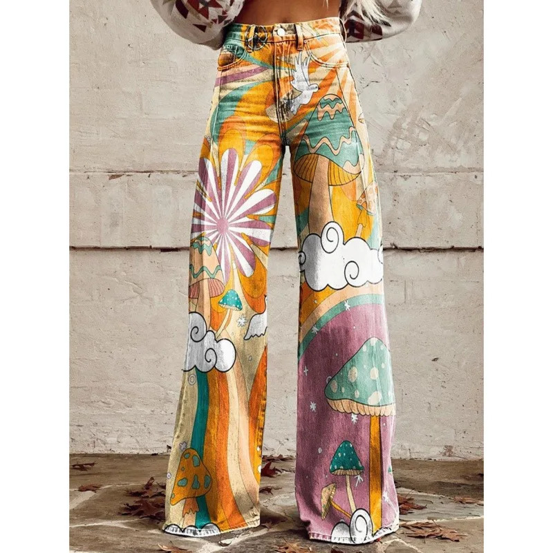 Y2k Printed Pattern Jeans Retro Slim Mid Waist Micro Flared Pants High Street Loose Pants Fashionable And Trendy Elastic Pants 250303