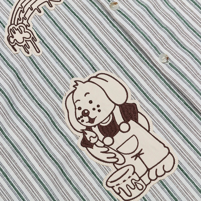 Summer Mens Short Sleeve Shirts Hip Hop Vintage Striped Cartoon Patch Blouses Harajuku Streetwear Casual Fashion Loose Shirts 250227