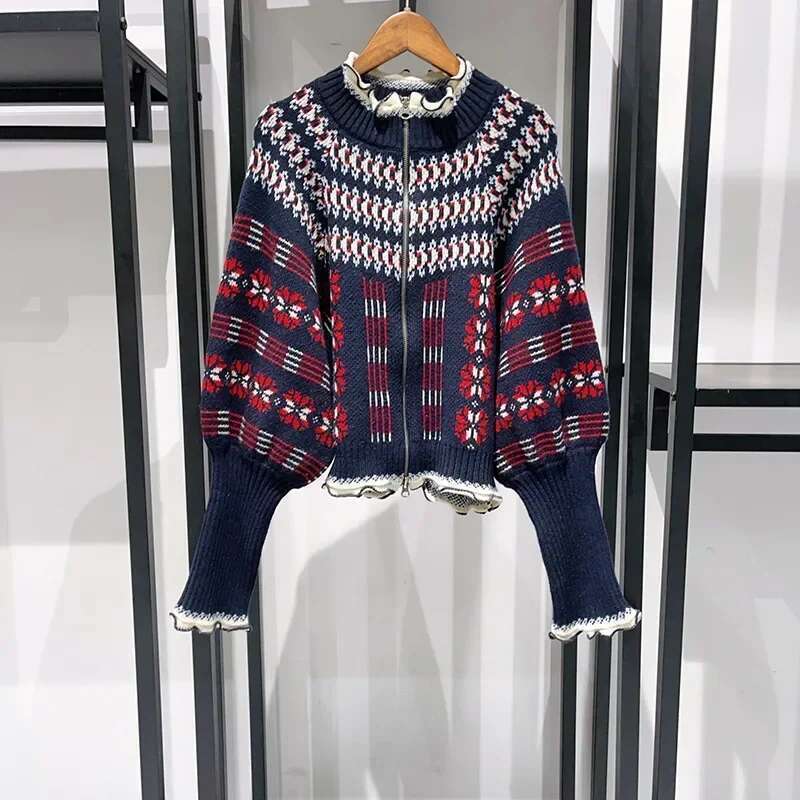 Women 2025 Autumn And Winter Retro Fair Isle Ruffle Stand Collar Double Zipper Balloon Sleeve Sweater Cardigan