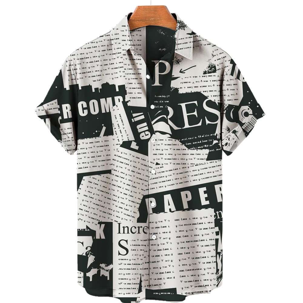 2025 Summer New Retro Fashion News Newspaper Designer 3D Printed Lapel Hawaiian Beach Breathable Comfortable Short Sleeve Men's Hip Hop Shirt