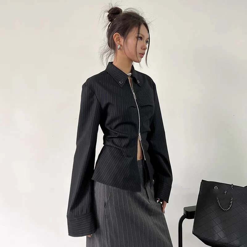 Fashion Black Striped Folds Shirt Women's Lapel Slim Double Zipper Long Sleeve Gray Short Irregular Blouse New Tide