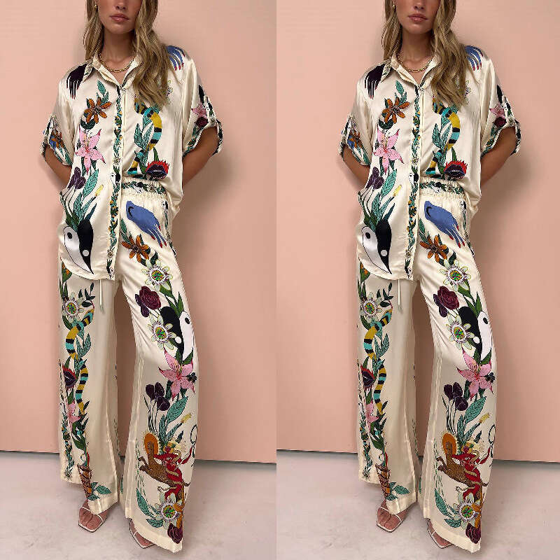 European and American Graffiti Printed Satin Short Sleeve Collar Shirt+Long Pants Casual Two Piece Set 2025 Versatile New Trendy Clothing Ins