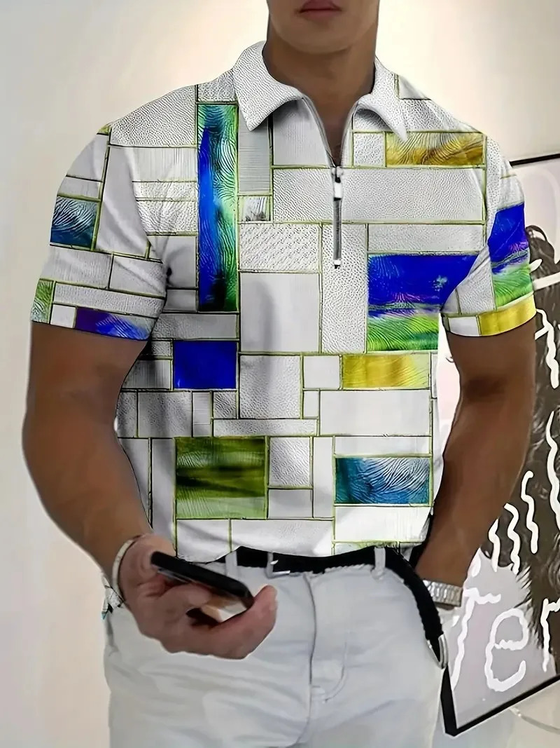 Summer Mens Fashion Polo ShirtLapel Zip Short SleevePlaid PrintMens Sports Casual Short SleeveMens Short Sleeve Tops 250304