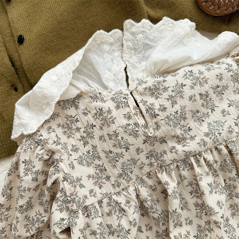 7373 Childrens Dress Autumn Girl Flower Embroidered Lace Collar Cotton Casual 250303