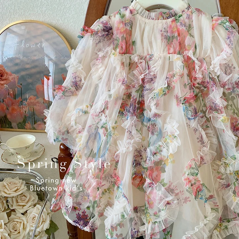 Spring and Autumn Girls Dress Round Neck Long Sleeve Flower Stickers 18 Year Old Princess Childrens Clothing 250303