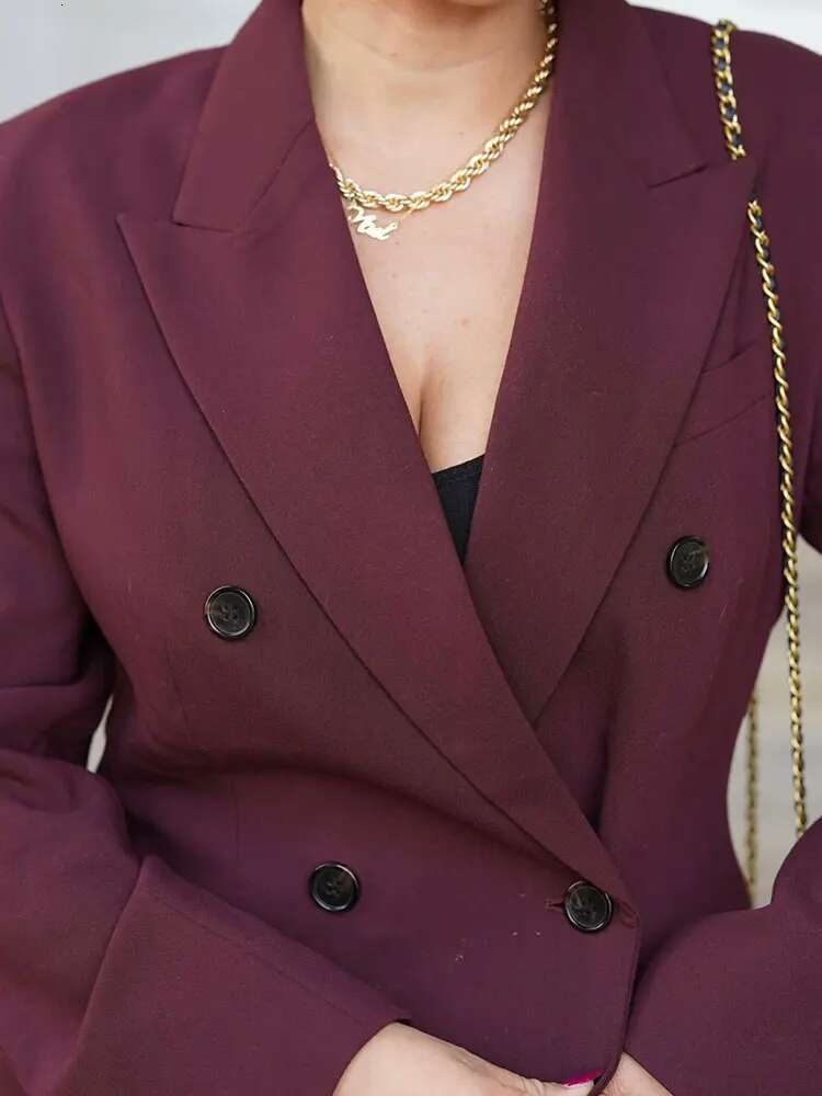 TRAFZA Women Vintage Wine Red Blazer Pant Suits Double Breasted Long Sleeve Coat Zipper Fly Straight Trousers Lady Office Sets