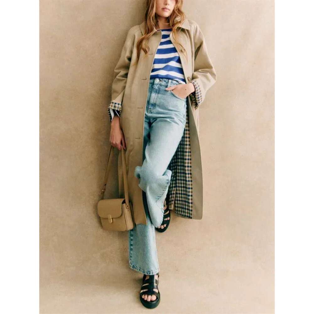 Women French Contrast Color Plaid Long Trench Coat Single-Breasted Turn-Down Collar Lady Mid-Length Windbreaker Jacket Tops
