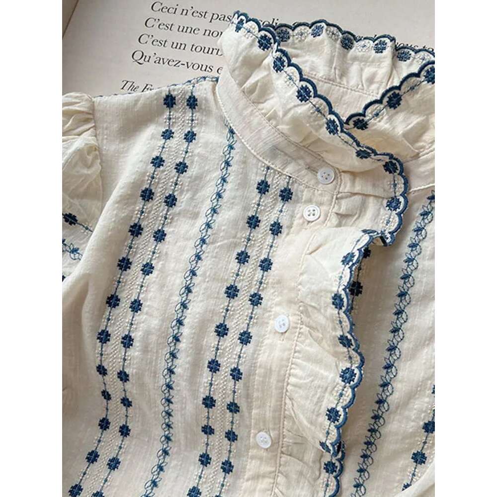 Women Ruffles Trim Pink Or Blue Blouse Single Breasted Casual Summer New 2025 Female Stand Collar Vintage Shirt And Tops