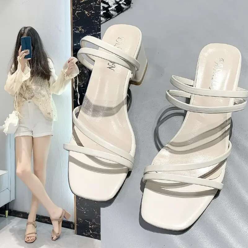Ladies Square New Heels Elegant Summer Slippers Woman Fashion Low-heel Sandals for Women