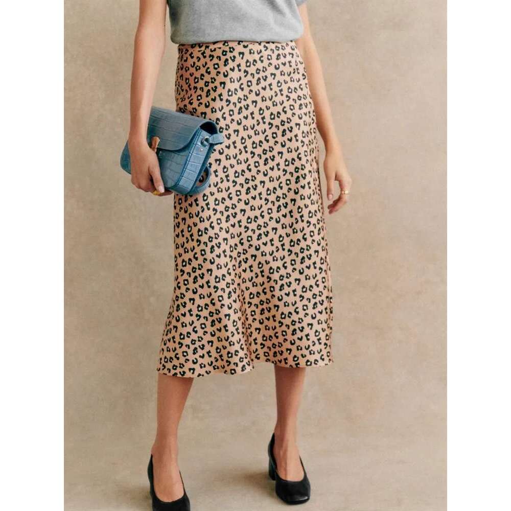 Retro Leopard Print Women Satin Midi Skirt Spring New Ladies A-E High Waisted Mid Length Jupe All-Match