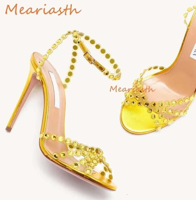 Sexy Peep Toe Rhie PVC Crystal Sandals Women Summer Stilettos High Heels Ankle Strap Dia New Big Size Party Shoes