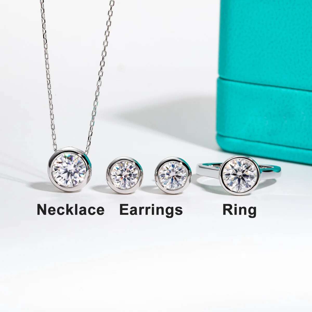 AnuJewel D Color Moissanite Bezel Stud Earrings Gold Plated Pendant Necklace Sterg Sier Set Customs Jewelry