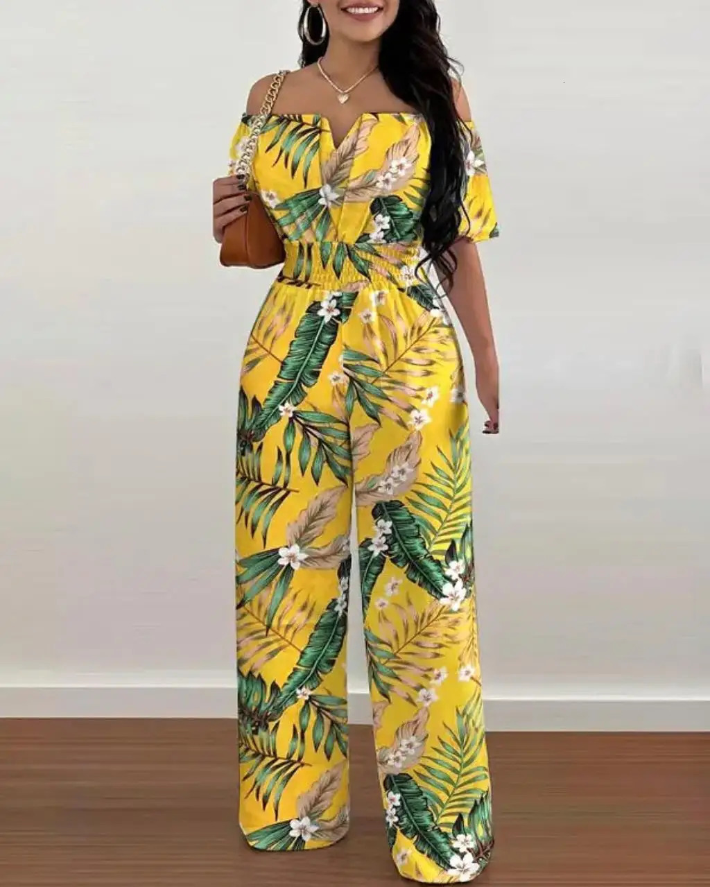 Summer Fashion Printed Wide Leg Jumpsuit Women Sexy Slash Neck Off-shoulder High Waist Jumpsuit Womem 250303