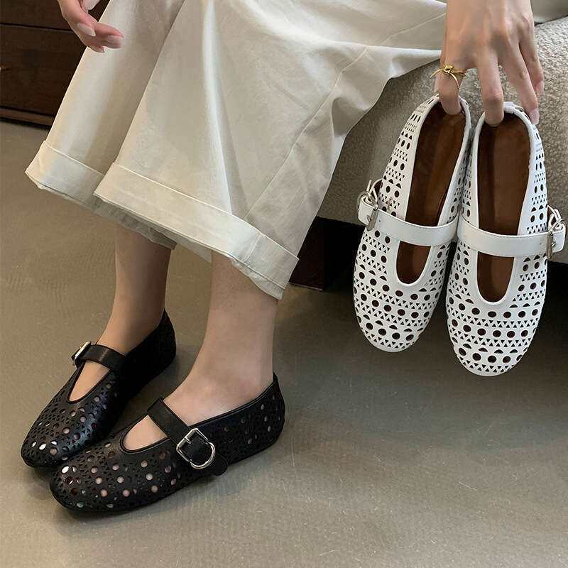 2024 Spring and Autumn New Fashionable Versatile Ballet Hollow Breathable Small Leather Shoes for Women Round Headed Shallow Mouth Flat Bottom Jumping