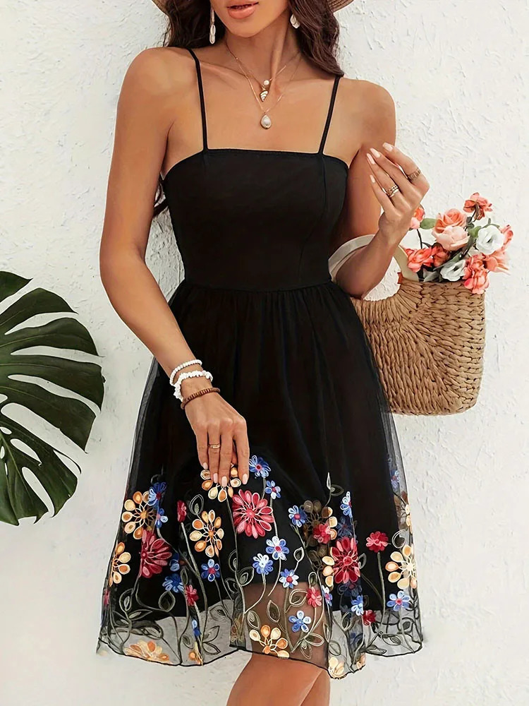 Womens Stylish vintage Sling Dress Holiday Sexy embroidered Short Summer Camisoles Backless Sleeveless Casual Slip 250227Z