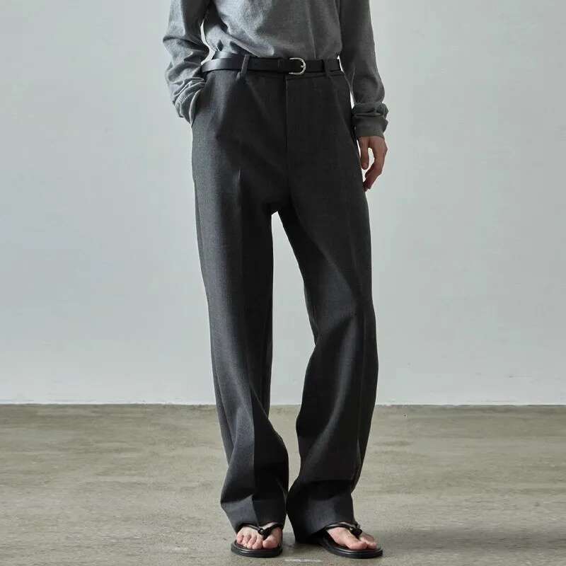 Women Gray High Waist Straight Suit Pants Spring Autumn New Female Wool Blend Skinny Trousers All-Match