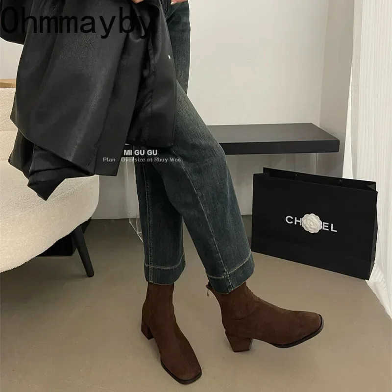 Autumn Winter Fleeces Wen Sock Ankle Boots Fion Square Heel Ladies Elegant Keep Warm Short Booties Wens Footwear Z250304